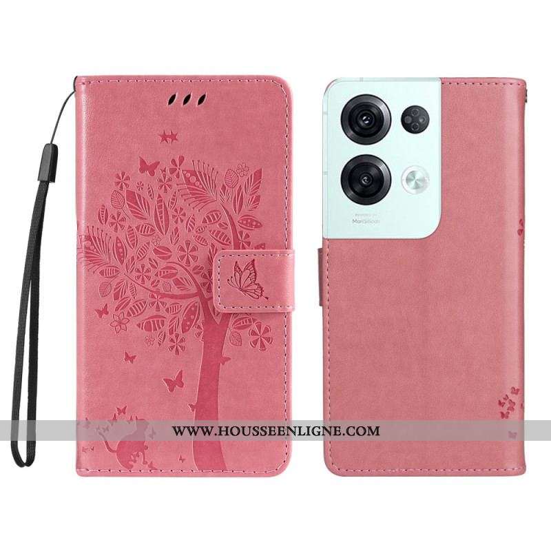 Housse Oppo Reno 8 Pro Arbre et Chat à Lanière