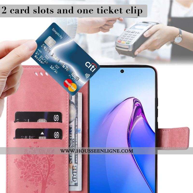 Housse Oppo Reno 8 Pro Arbre et Chat à Lanière