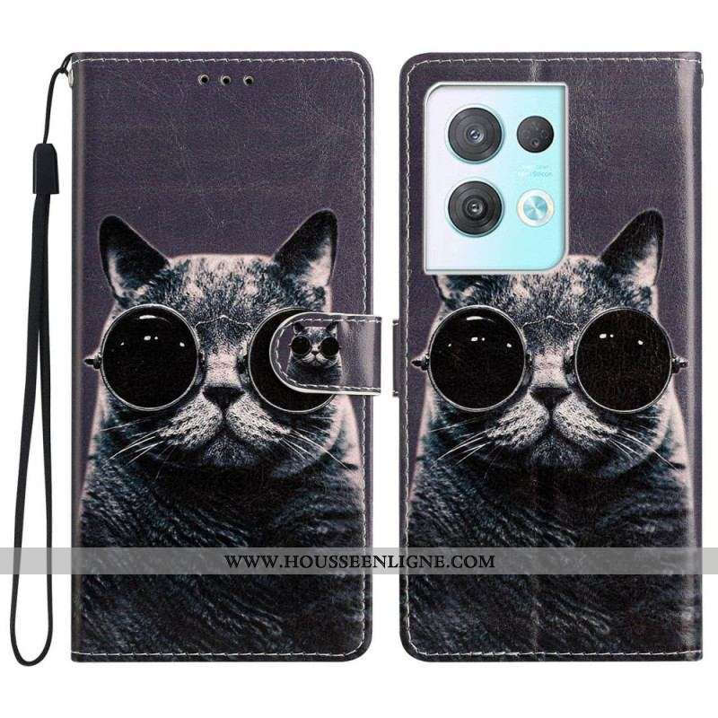 Housse Oppo Reno 8 Pro Chat Lunettes à Lanière