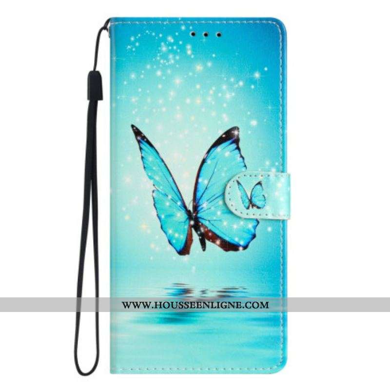 Housse Oppo Reno 8 Pro Papillons Bleus à Lanière