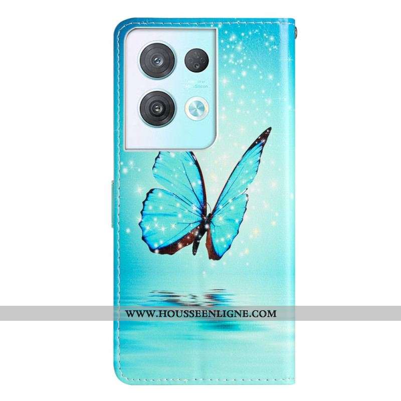 Housse Oppo Reno 8 Pro Papillons Bleus à Lanière