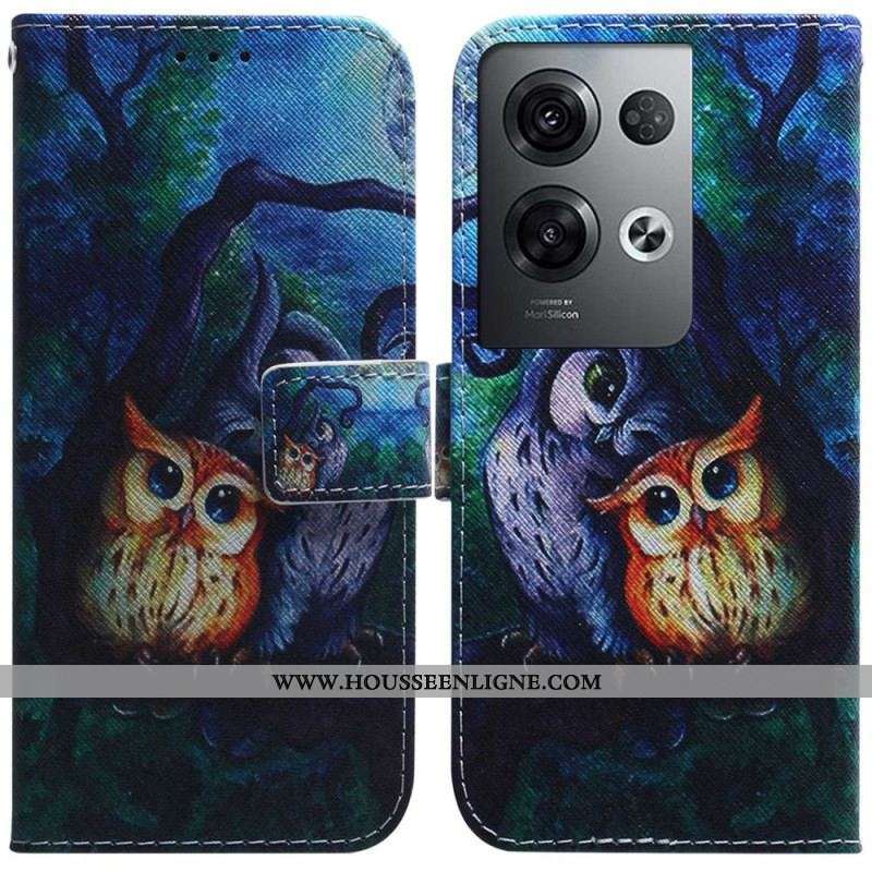 Housse Oppo Reno 8 Pro Peinture Hiboux à Lanière