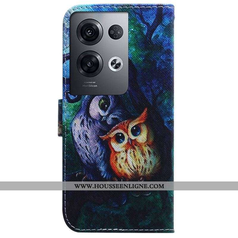 Housse Oppo Reno 8 Pro Peinture Hiboux à Lanière
