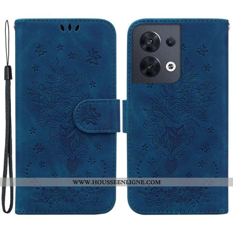 Housse Oppo Reno 8 Roses et Papillons à Lanière