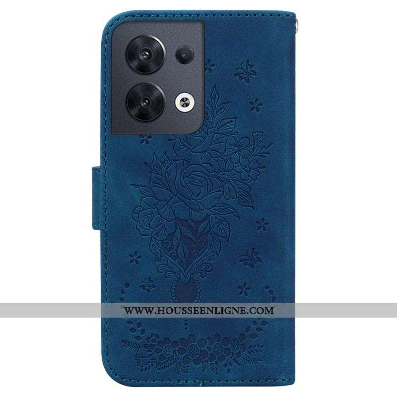 Housse Oppo Reno 8 Roses et Papillons à Lanière