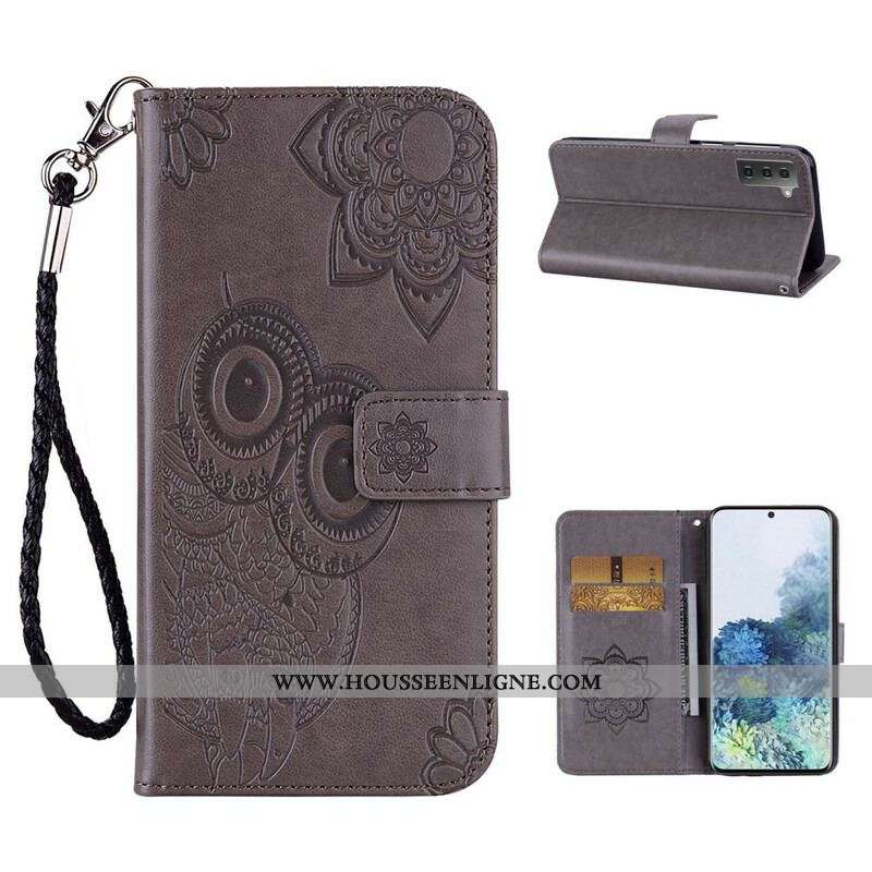 Housse Samsung Galaxy 21 5G Hibou Mandala et Lanière