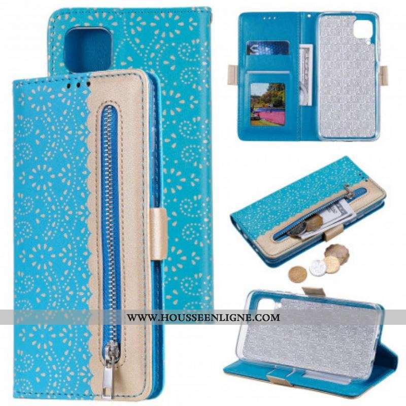Housse Samsung Galaxy A12 / M12 Dentelle Porte-Monnaie à Lanière