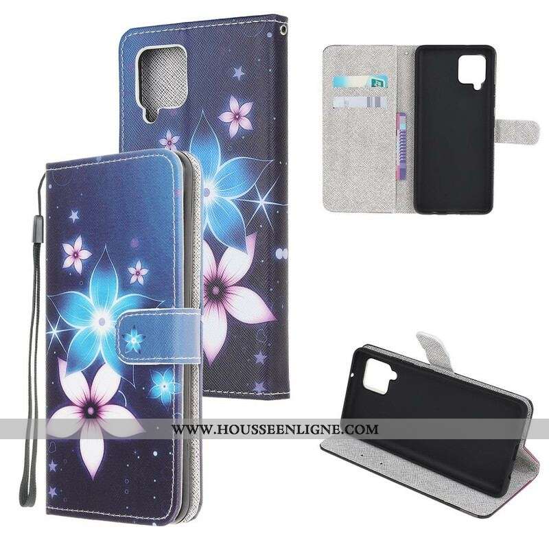 Housse Samsung Galaxy A12 / M12 Fleurs Lunaires à Lanière
