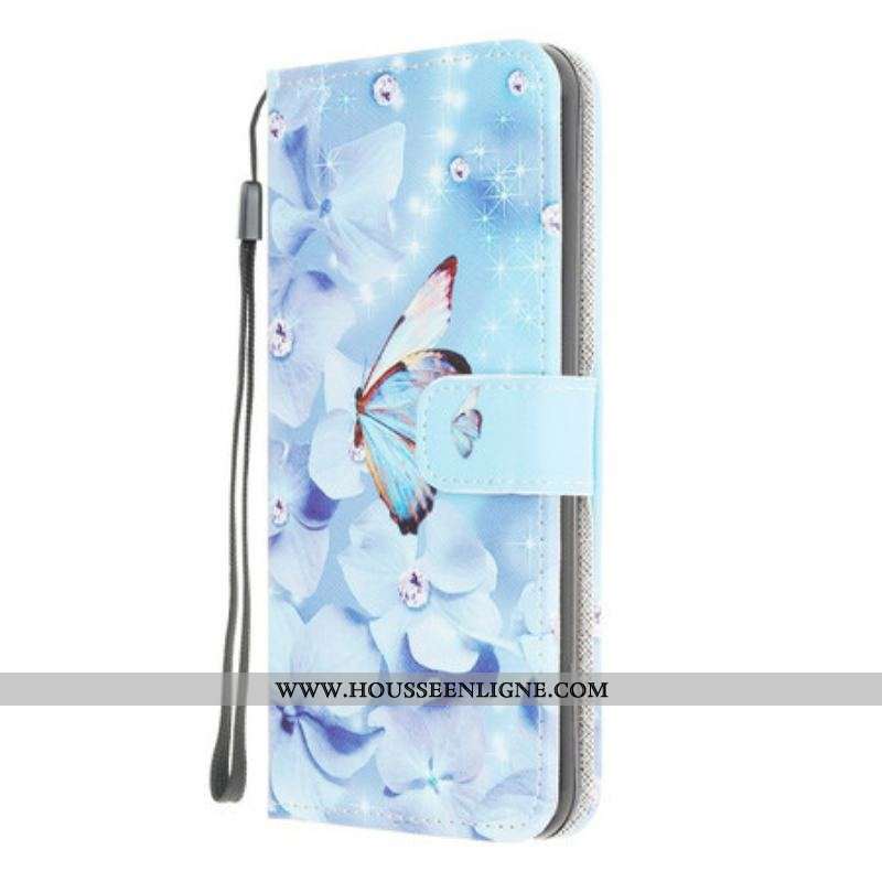 Housse Samsung Galaxy A12 / M12 Papillons Diamants à Lanière