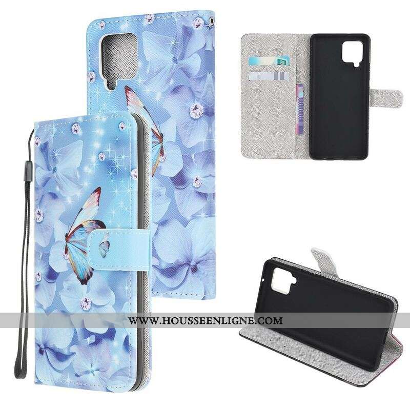 Housse Samsung Galaxy A12 / M12 Papillons Diamants à Lanière