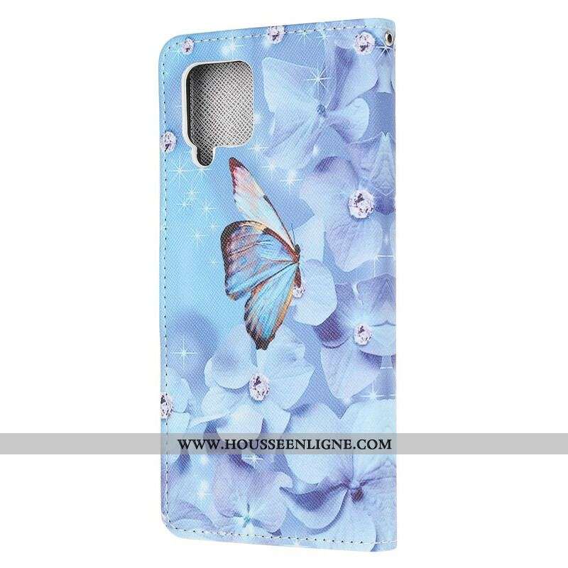 Housse Samsung Galaxy A12 / M12 Papillons Diamants à Lanière
