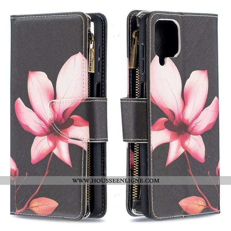 Housse Samsung Galaxy A12 / M12 Poche Zippée Fleur