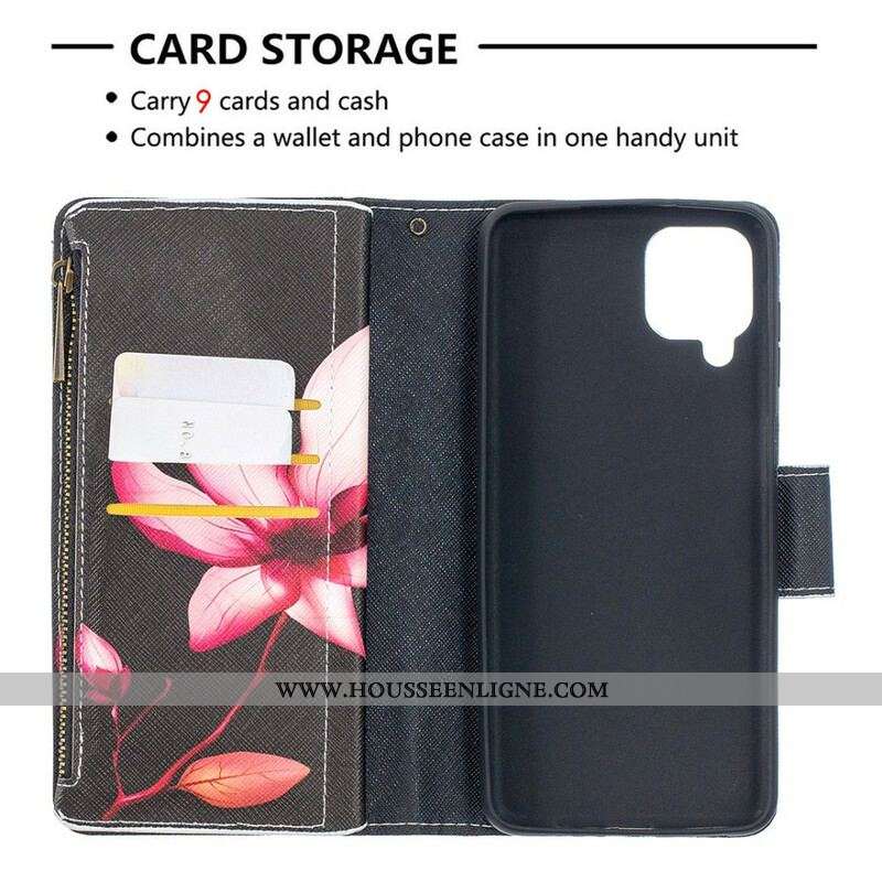 Housse Samsung Galaxy A12 / M12 Poche Zippée Fleur
