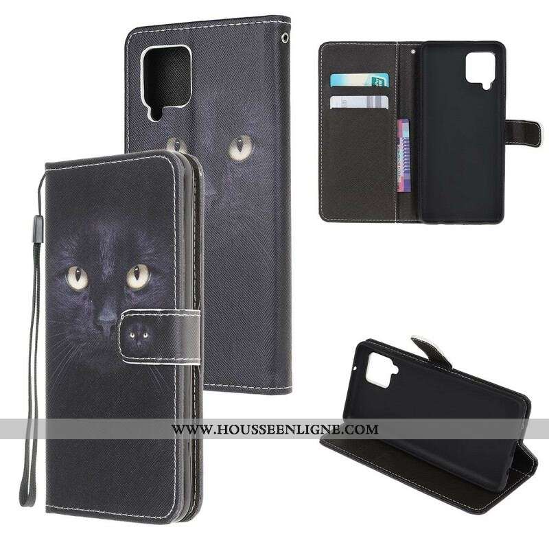 Housse Samsung Galaxy A12 / M12 Yeux de Chat Noir à Lanière