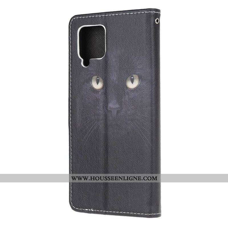 Housse Samsung Galaxy A12 / M12 Yeux de Chat Noir à Lanière