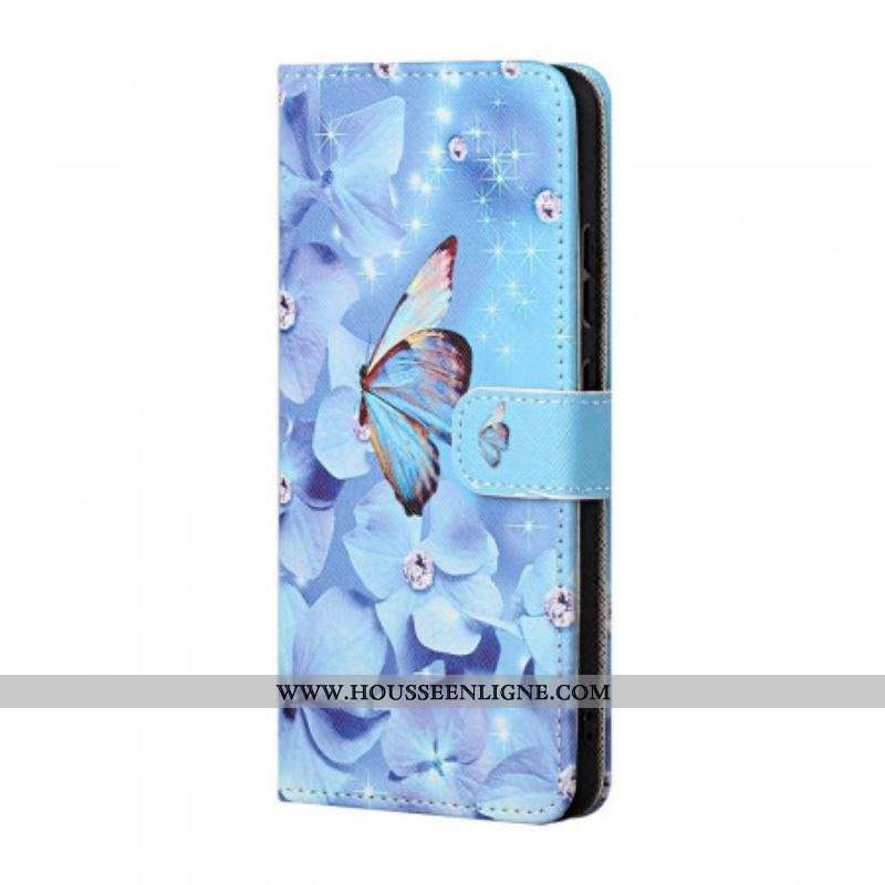 Housse Samsung Galaxy A13 5G / A04s Papillons Diamants à Lanière