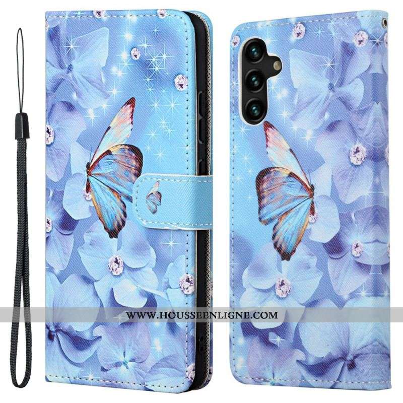 Housse Samsung Galaxy A13 5G / A04s Papillons Diamants à Lanière