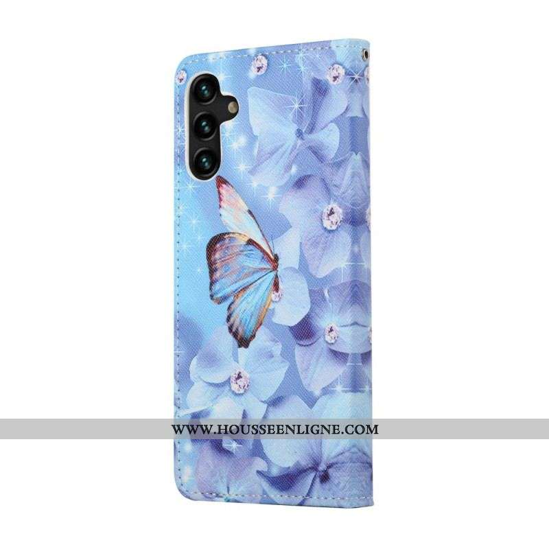 Housse Samsung Galaxy A13 5G / A04s Papillons Diamants à Lanière