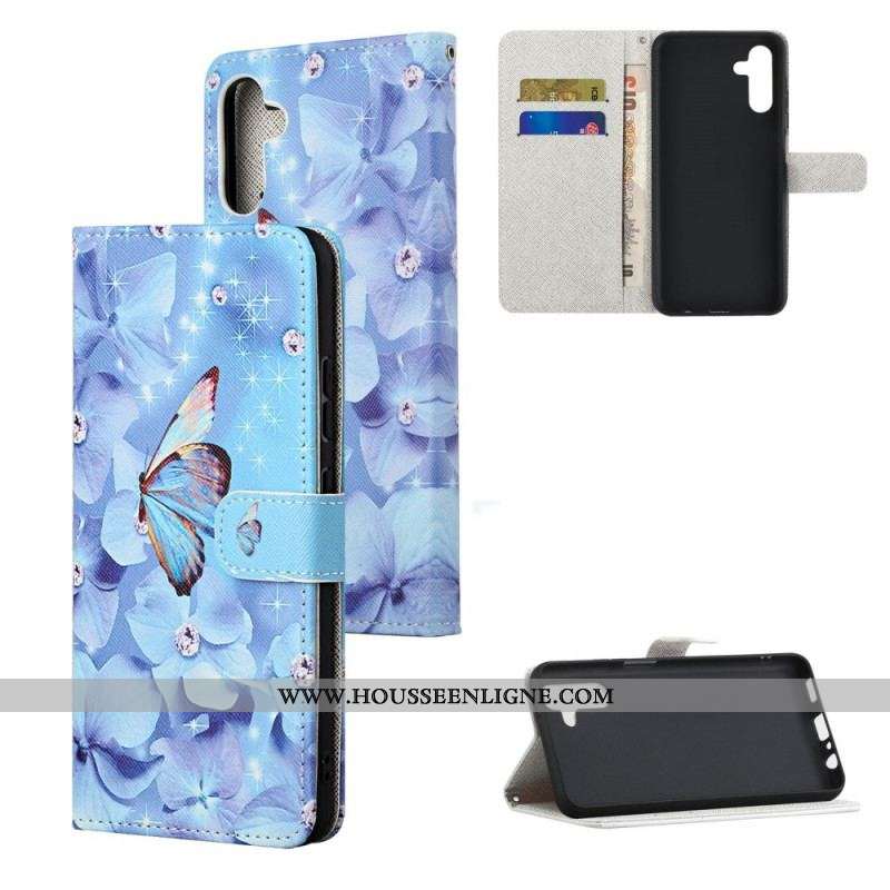 Housse Samsung Galaxy A13 5G / A04s Papillons Diamants à Lanière