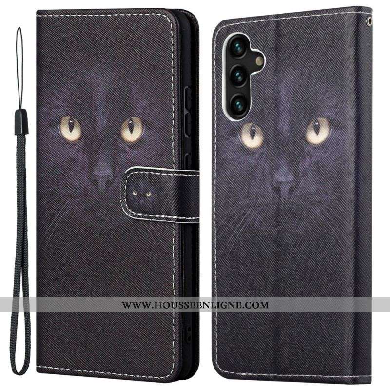 Housse Samsung Galaxy A13 5G / A04s Yeux de Chat Noir à Lanière
