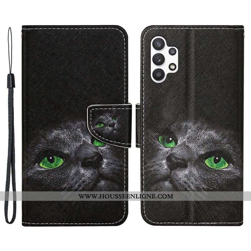 Housse Samsung Galaxy A13 Chat au Yeux Verts à Lanière