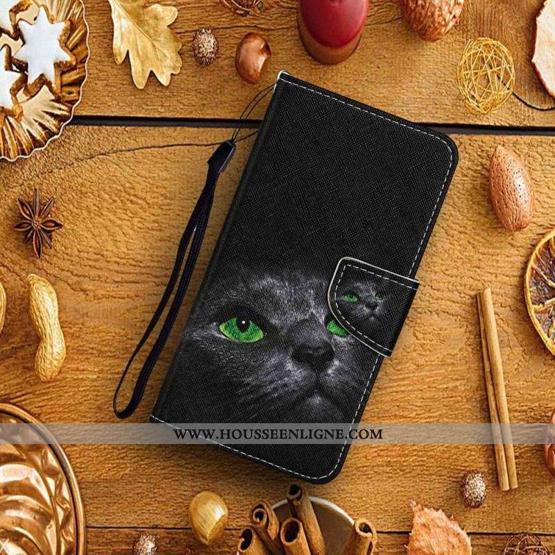 Housse Samsung Galaxy A13 Chat au Yeux Verts à Lanière