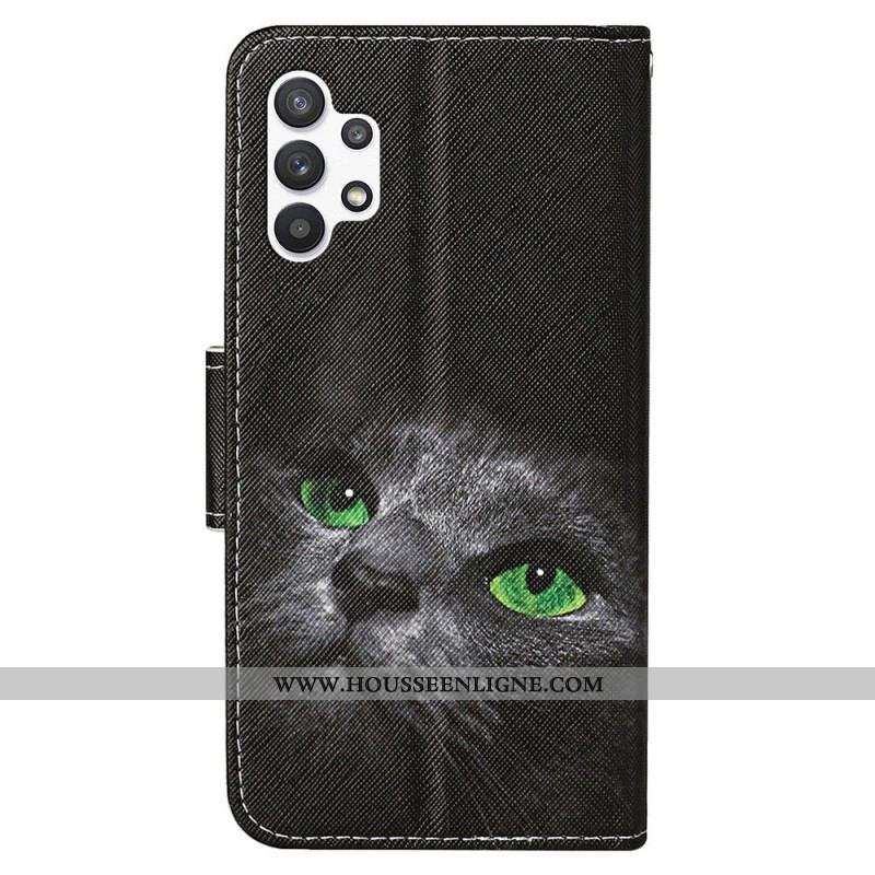 Housse Samsung Galaxy A13 Chat au Yeux Verts à Lanière