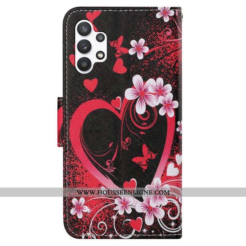 Housse Samsung Galaxy A13 Fleurs et Coeurs avec Lanière