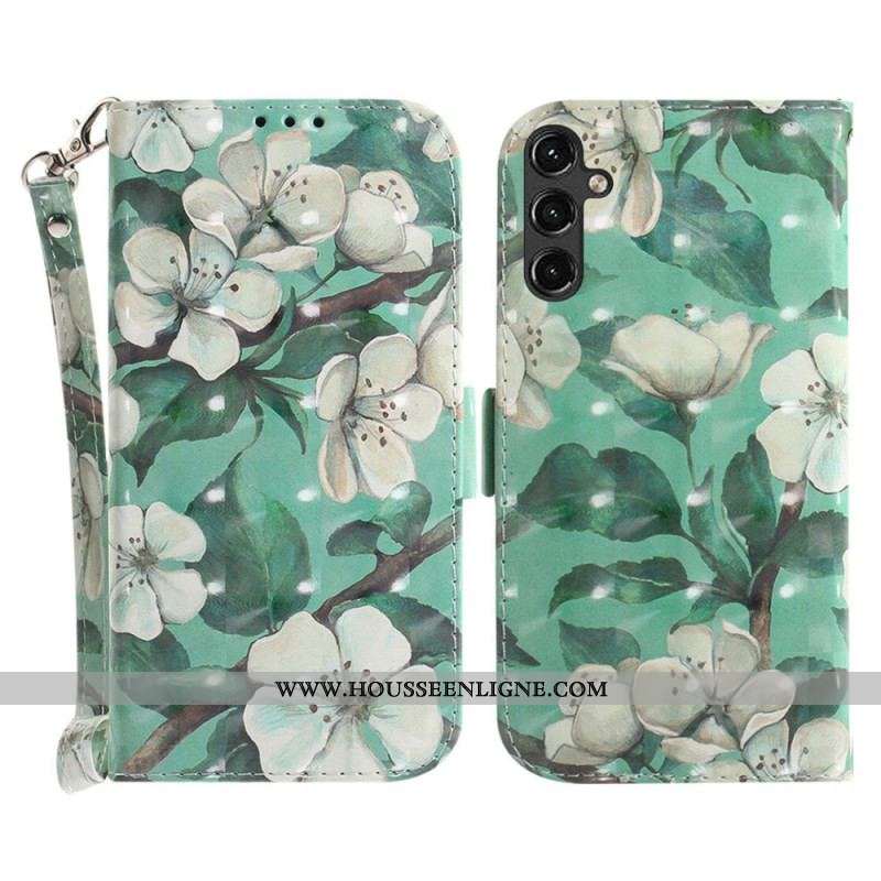 Housse Samsung Galaxy A14 5G / A14 Branches Fleuries à Lanière