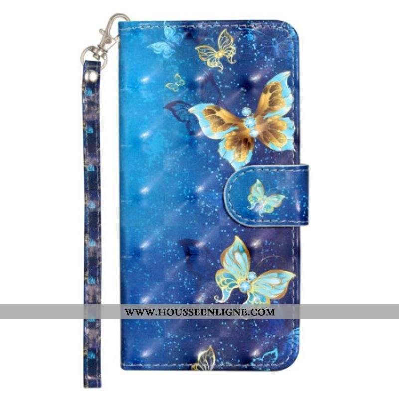 Housse Samsung Galaxy A14 5G / A14 Papillons Dorés à Lanière