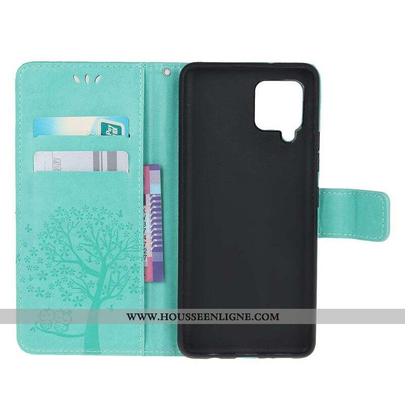 Housse Samsung Galaxy A42 5G Arbre et Hiboux à Lanière