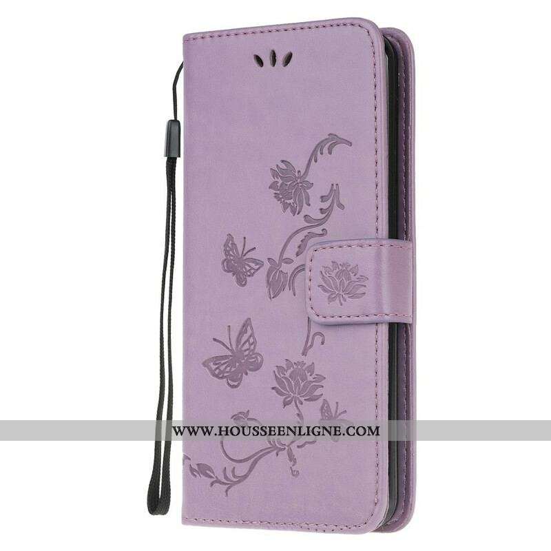 Housse Samsung Galaxy A42 5G Papillons Et Fleurs À Lanière