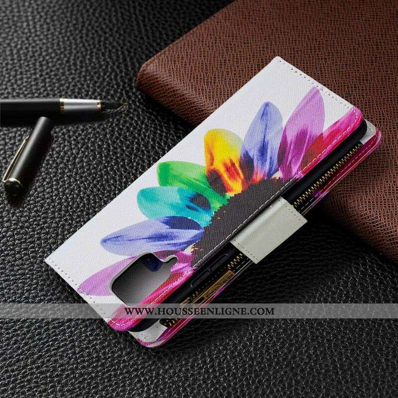 Housse Samsung Galaxy A42 5G Poche Zippée Fleur