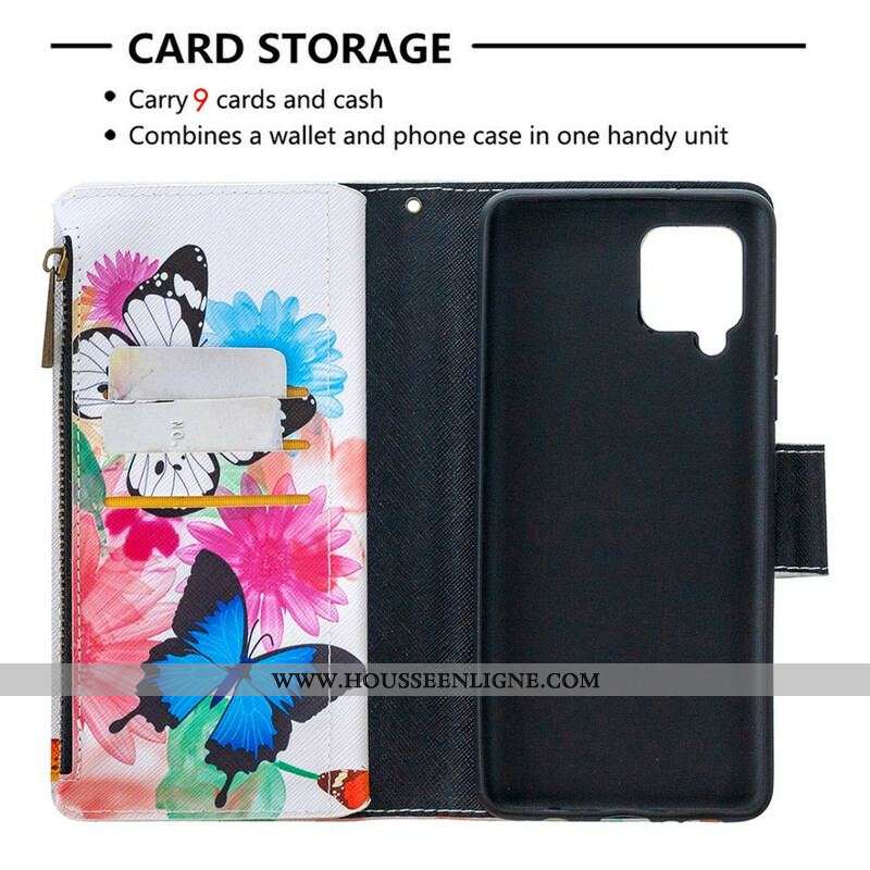 Housse Samsung Galaxy A42 5G Poche Zippée Papillons