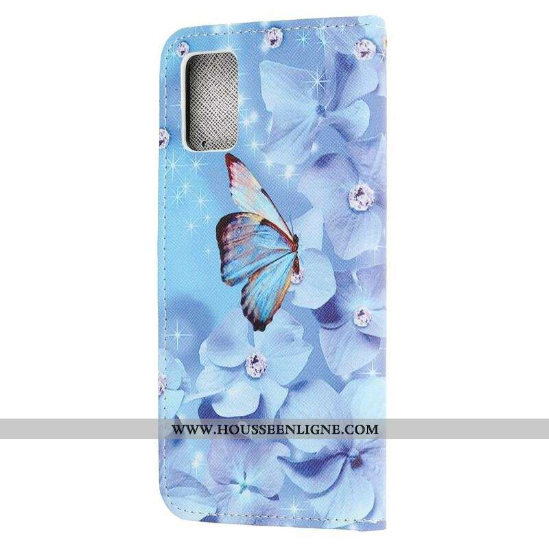 Housse Samsung Galaxy A52 4G / A52 5G / A52s 5G Papillons Diamants à Lanière