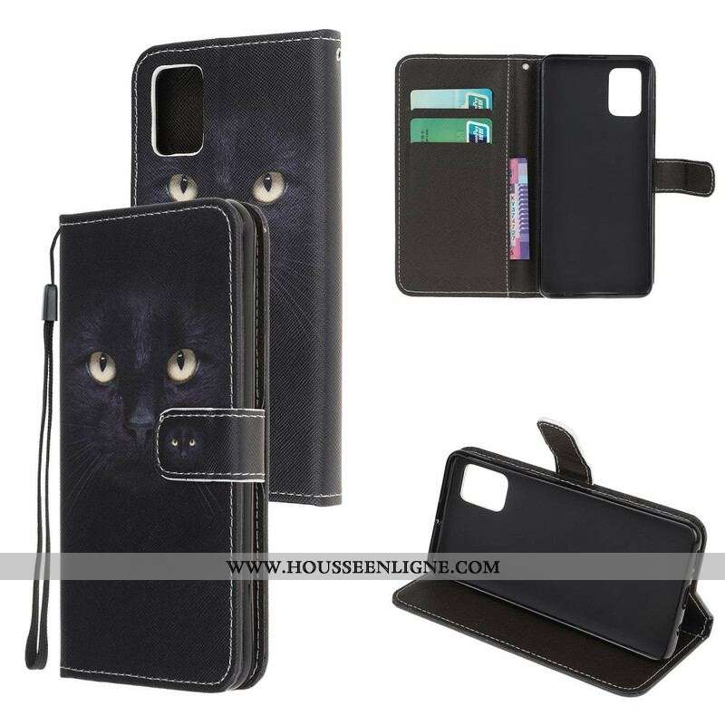 Housse Samsung Galaxy A52 4G / A52 5G / A52s 5G Yeux de Chat Noir à Lanière