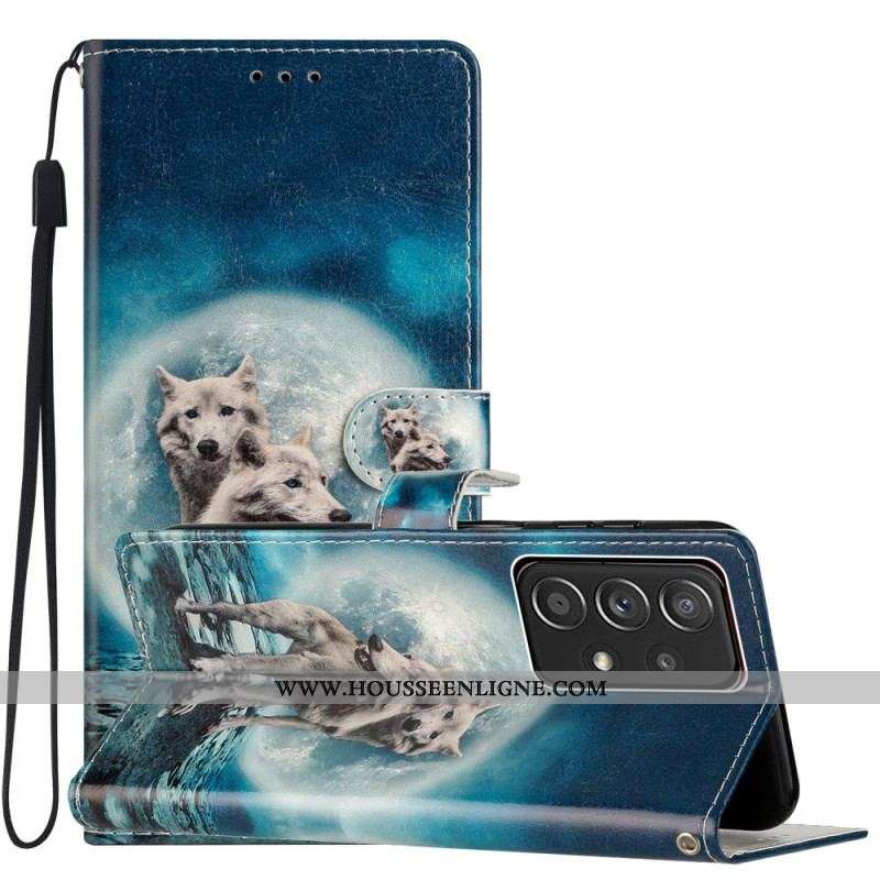 Housse Samsung Galaxy A53 5G Loups au Clair de Lune avec Lanière
