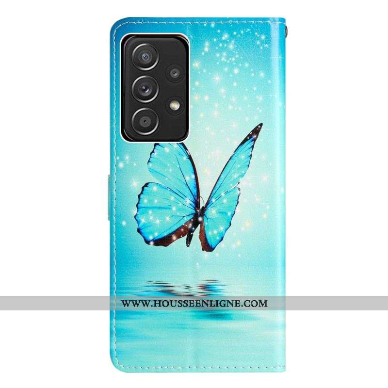 Housse Samsung Galaxy A53 5G Papillons Bleus à Lanière