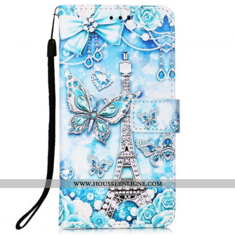 Housse Samsung Galaxy A53 5G Tour Eiffel Papillons à Lanière