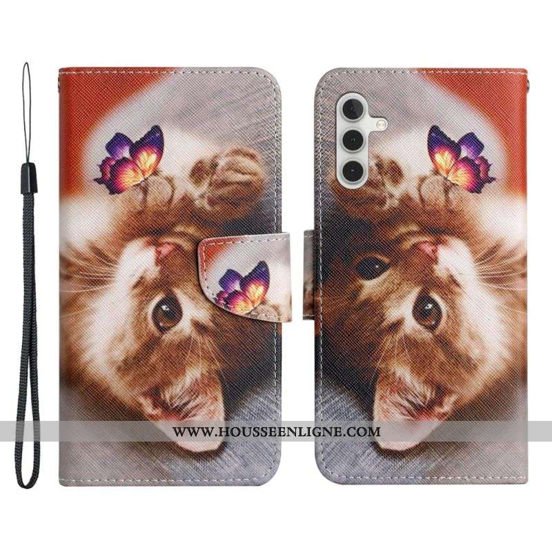 Housse Samsung Galaxy A54 5G Chat et Papillon à Lanière