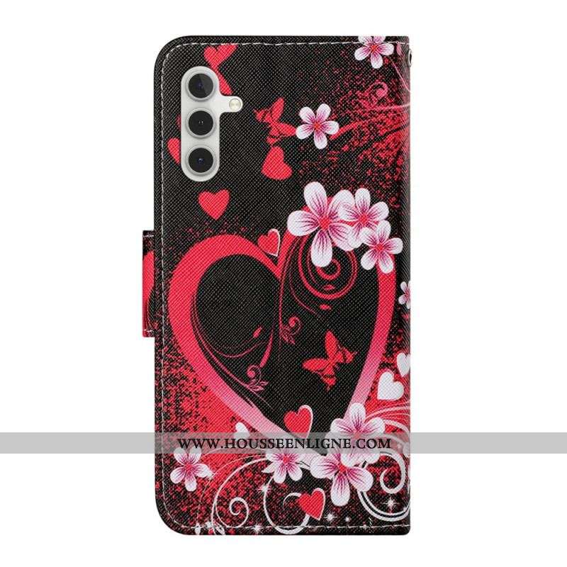 Housse Samsung Galaxy A54 5G Fleurs et Coeurs avec Lanière