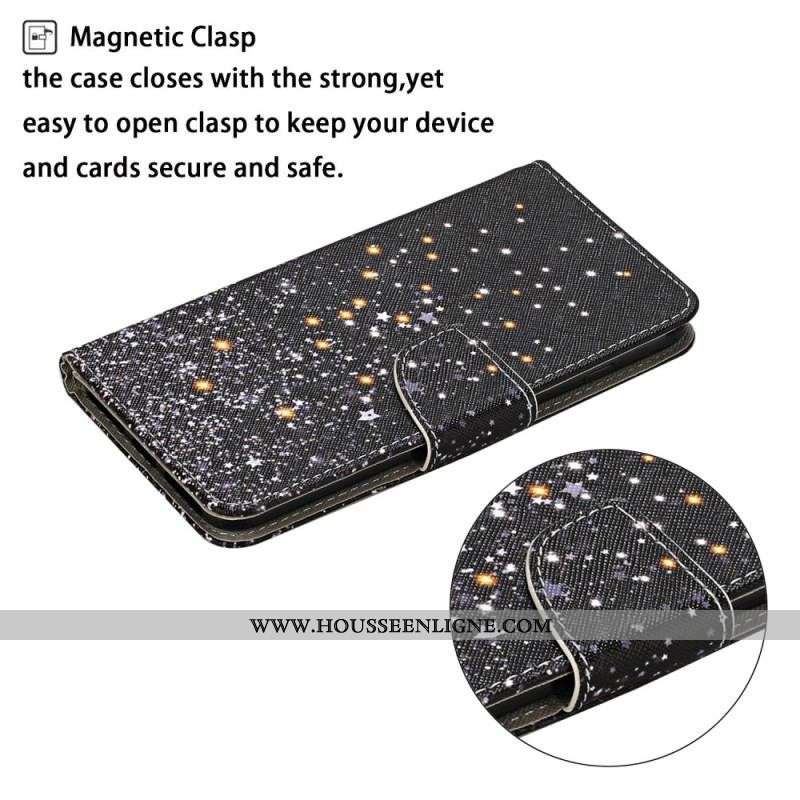 Housse Samsung Galaxy A54 5G Fond Noir et Paillettes à Lanière