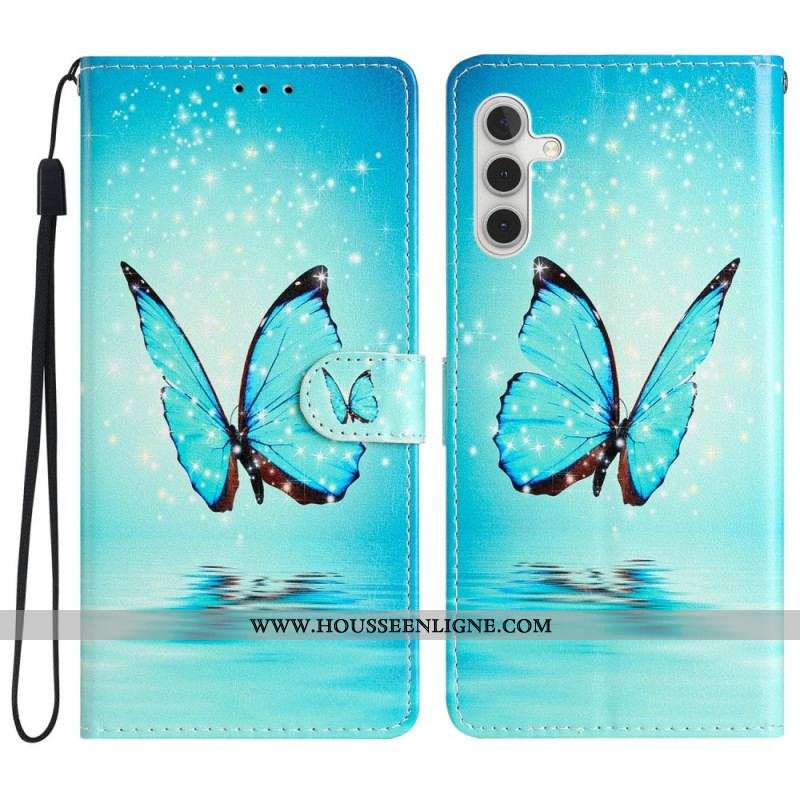 Housse Samsung Galaxy A54 5G Papillon Bleu à Lanière