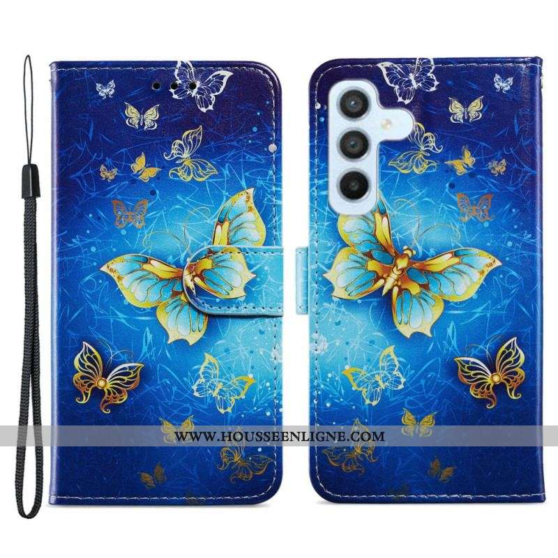 Housse Samsung Galaxy A54 5G Papillons Dorés à Lanière