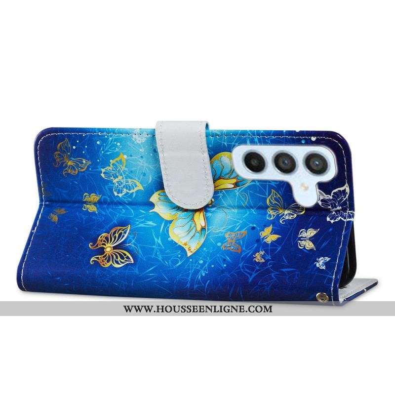 Housse Samsung Galaxy A54 5G Papillons Dorés à Lanière