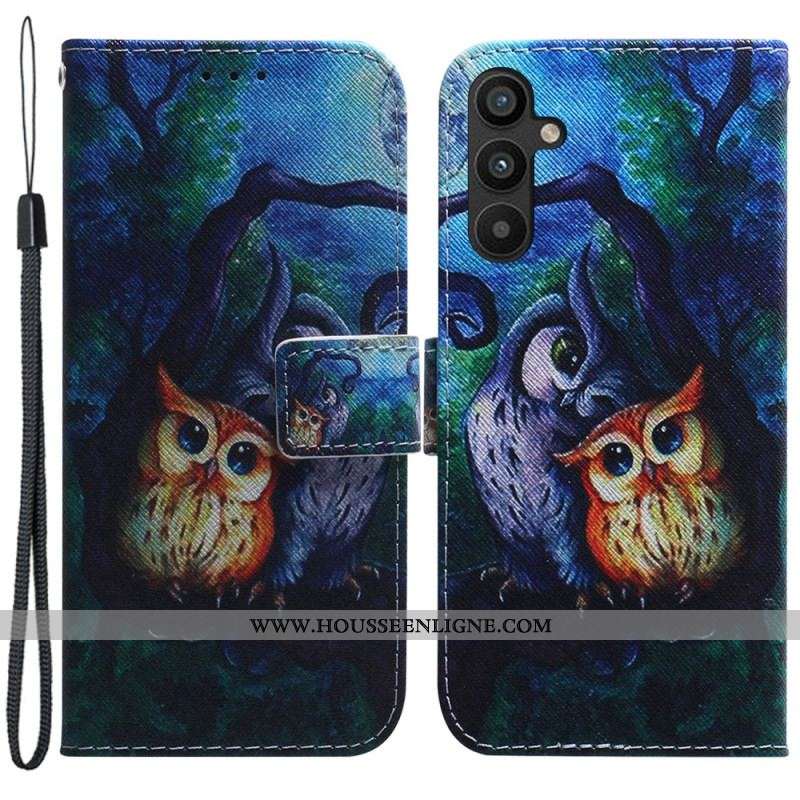 Housse Samsung Galaxy A54 5G Peinture Hiboux à Lanière