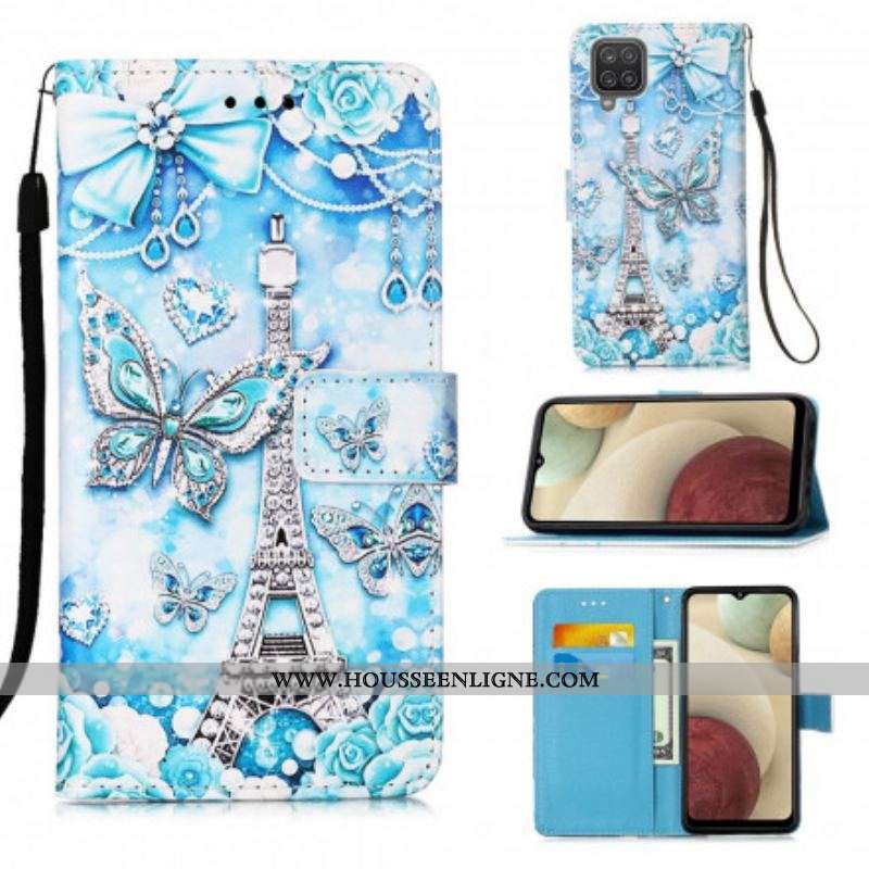 Housse Samsung Galaxy M12 / A12 Tour Eiffel Papillons à Lanière