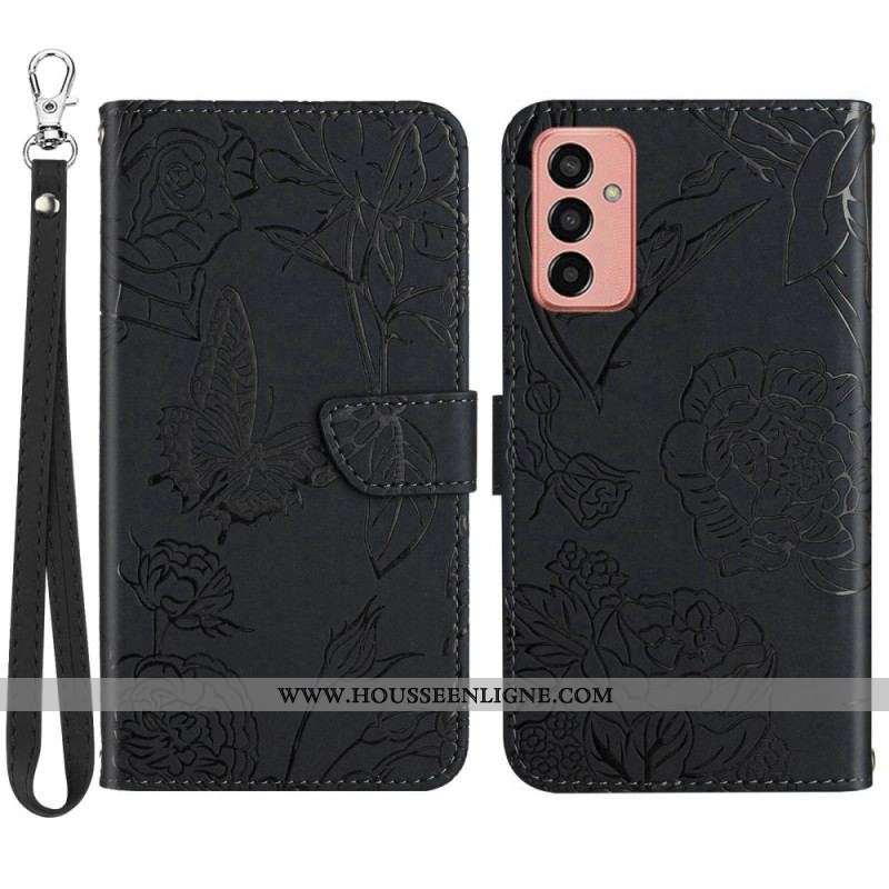 Housse Samsung Galaxy M13 Papillons Discrets et Lanière