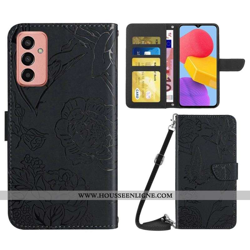 Housse Samsung Galaxy M13 Papillons et Bandoulière