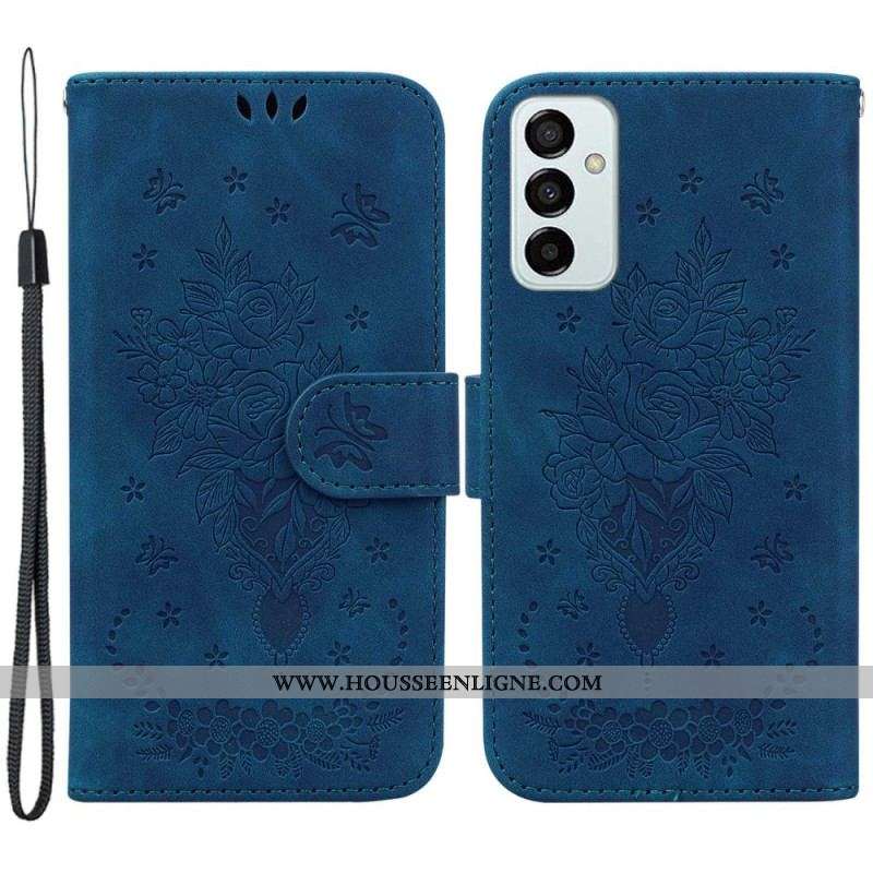 Housse Samsung Galaxy M13 Roses et Papillons à Lanière